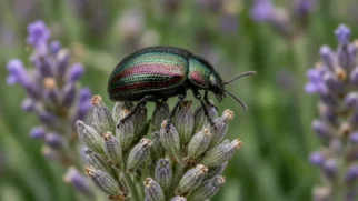 Besouro de brilho metálico verde sobre botões de lavanda em jardim doméstico