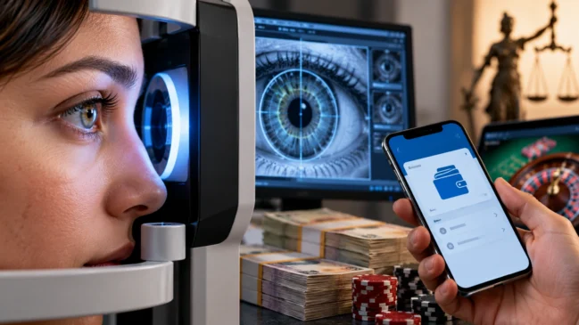 Mulher tem a íris escaneada enquanto celular exibe carteira digital, em imagem ilustrativa sobre uso de biometria em contas financeiras.