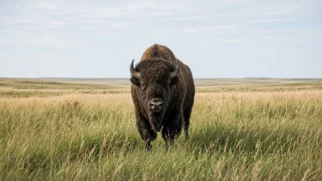 Enquadramento limpo 16:9 com um bisonte adulto centralizado em meio ao capim alto das Grandes Planícies, sem marcas gráficas, enfatizando o animal como agente da restauração da paisagem.