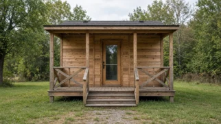 Foto limpa em formato 16:9 da tiny house Adirondack centralizada, destacando a varanda coberta de madeira e a fachada rústica sem elementos gráficos extras.