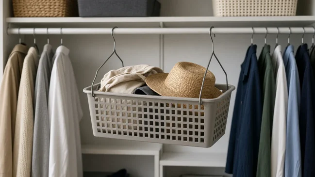 Cesta rasa presa a dois cabides de arame pendurada na barra do closet com chapéus e bolsa leve