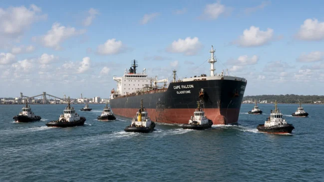 Dez rebocadores tentando mover o Cape Falcon encalhado perto de Gladstone na Austrália