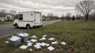 Rua suburbana no Midwest com lotes vazios e correspondência espalhada perto de veículo postal