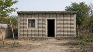 Casa construída com paredes de garrafas plásticas cheias de areia no México