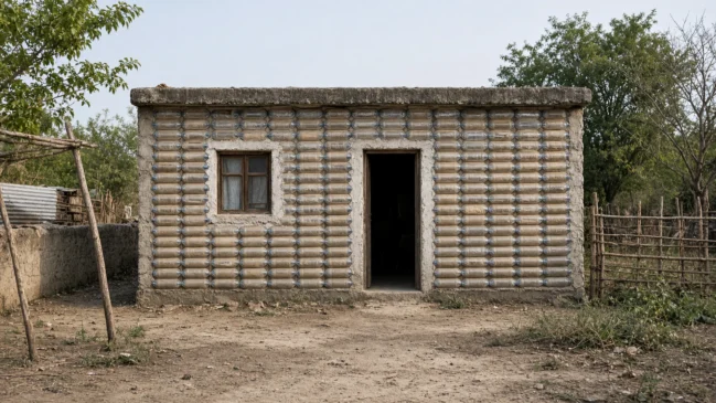 Casa construída com paredes de garrafas plásticas cheias de areia no México