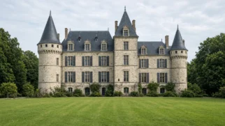 Fachada de castelo de pedra com torres e jardim na Normandia
