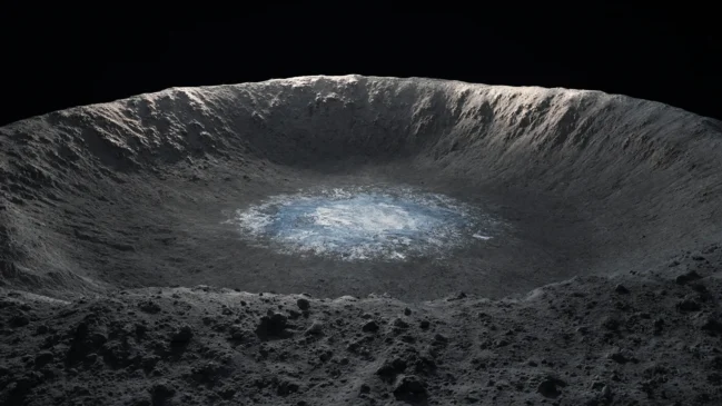 Imagem 16:9 centrada numa cratera polar da Lua, com brilho discreto de gelo no regolito, domos habitacionais e torre d’água no meio do enquadramento, horizonte negro e a Terra ao longe, sem marcas ou textos.