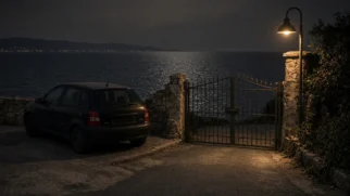 Imagem limpa em 16:9 com carro vazio e portão à beira-mar no centro do quadro, evocando o último cenário conhecido do desaparecimento sem reconstituir violência nem mostrar pessoas.