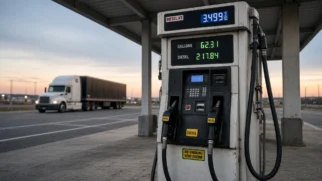 Bomba de diesel em posto de rodovia nos Estados Unidos com caminhão ao fundo