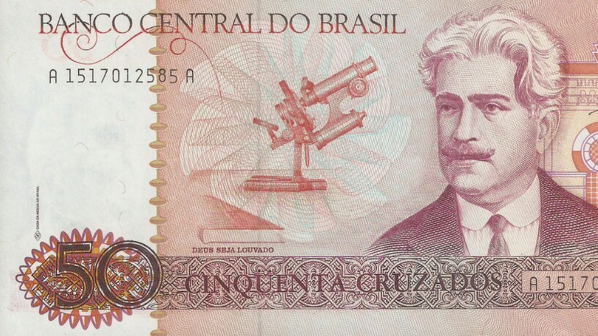 50 cruzados (1988): cédula com Oswaldo Cruz possui variante avaliada em até R$ 1.300. (Foto: Casa da Moeda do Brasil / Wikimedia Commons)