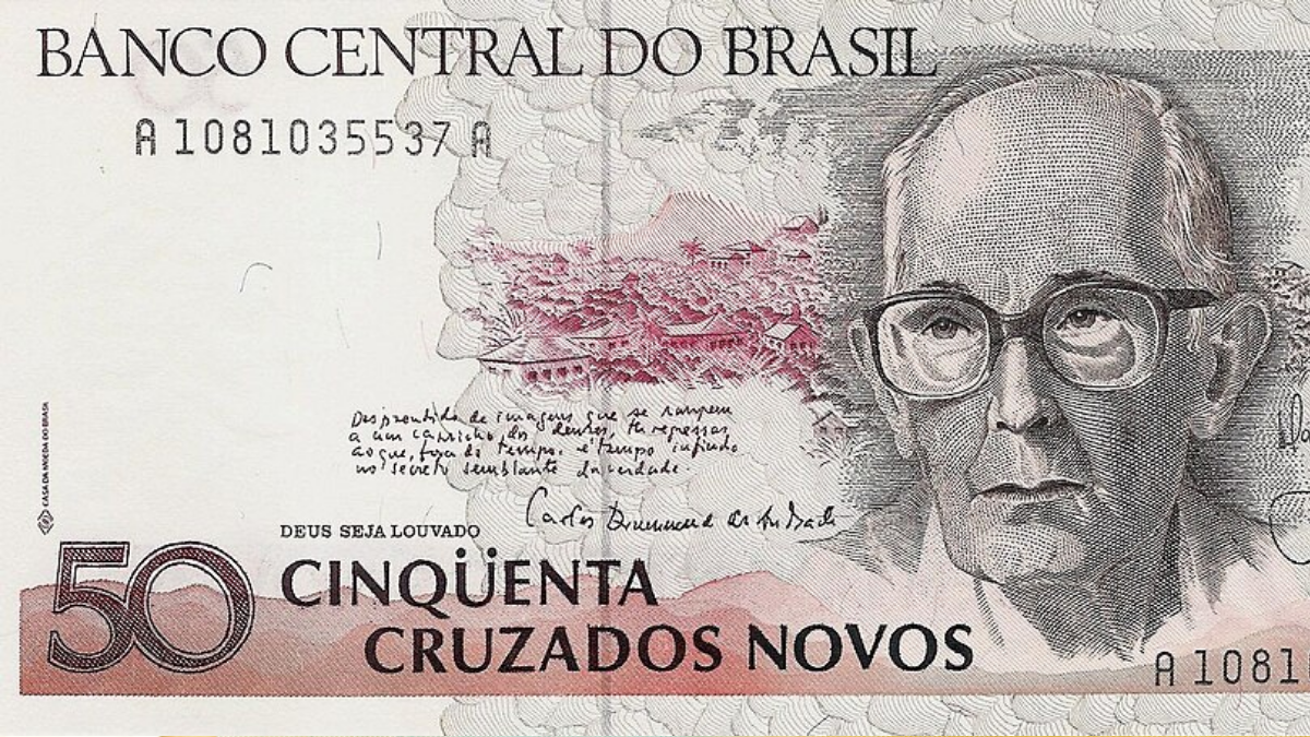 Cédula de Carlos Drummond de Andrade possui variante rara da série 1665 avaliada em até R$ 12 mil (Foto: Wikimedia Commons)