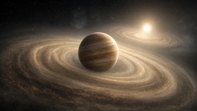 Planeta gigante jovem Elias 2-24 b brilhando no interior de um disco protoplanetário de gás e poeira
