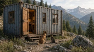 Contêiner de aço adaptado como casa mínima com cão e gato na entrada, nas montanhas da França
