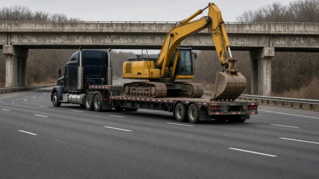 Imagem limpa em formato 16:9 com o conjunto cavalo-mecânico e escavadeira centralizados em rodovia sob passagem superior de concreto, sem marcas gráficas.