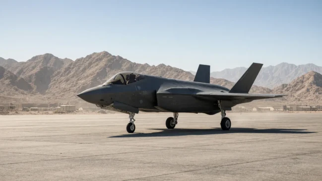 Caça F-35A Lightning II em pátio de base aérea no Golfo