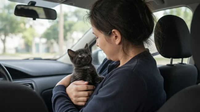 Gatinho escuro seguro no colo após resgate no trânsito