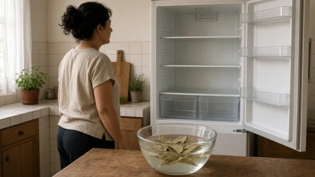 Geladeira aberta e recipiente com vinagre branco e folhas de louro na bancada da cozinha