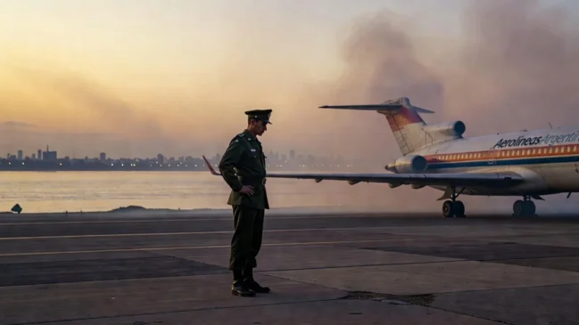 Avião em pista de aeroporto urbano ao entardecer com fumaça ao fundo, evocando o atentado de 1975 no Aeroparque de Buenos Aires