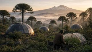 Domos de glamping entre araucárias na Patagônia chilena de Lonquimay ao amanhecer