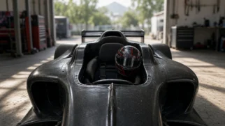 Imagem horizontal 16:9 centrada no carro de competição dentro do box, sem marcações gráficas, transmitindo o objeto da disputa judicial e o clima de paddock mexicano.