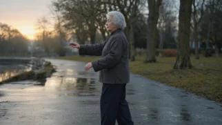 Foto limpa em 16:9 com idoso ao centro executando movimento de tai-chi em ambiente doméstico claro, sem marcações nem elementos extras.