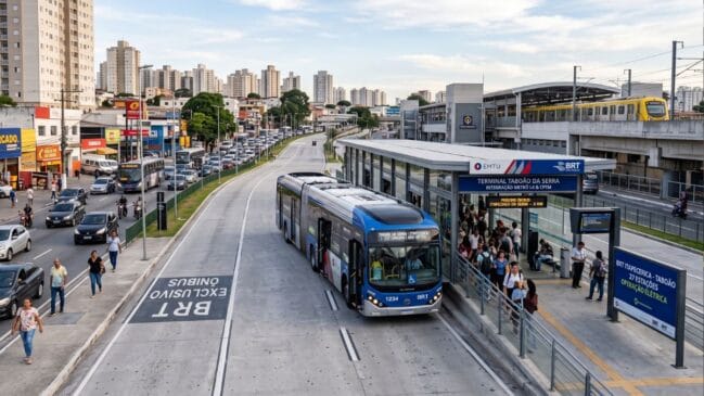 Ilustração gerada por inteligência artificial que retrata o projeto de um corredor de BRT com um autocarro articulado azul numa estação moderna, ligando Itapecerica da Serra e Taboão da Serra, com trânsito e edifícios urbanos ao fundo