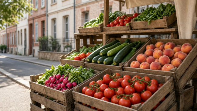 Imagem limpa em formato 16:9 com a banca de hortifrúti no centro, caixas de produtos frescos em destaque, sem marcadores gráficos, adequada a matéria sobre sucessão do armazém familiar em Rangueil.