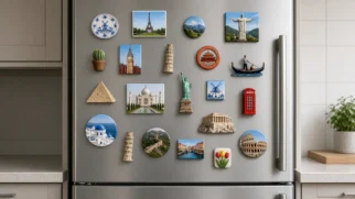 Porta de geladeira coberta por ímãs coloridos de viagens