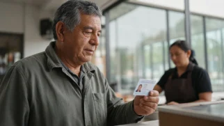 Mãos de adulto maior seguram credencial INAPAM sobre balcão de cafeteria no México