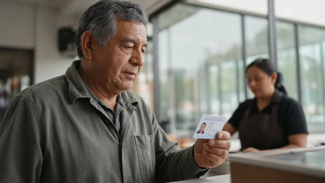Mãos de adulto maior seguram credencial INAPAM sobre balcão de cafeteria no México