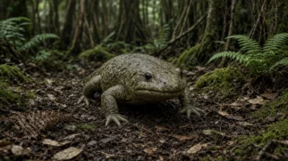 Imagem limpa em formato 16:9 com o modelo do proto-anfíbio centrado sobre o piso da floresta recriada, sem marcas gráficas, adequada para capa de matéria de ciência.