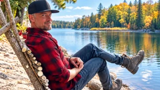 osh Duhamel sentado à beira de um lago, cercado por mata, em cenário que remete ao retiro rústico que mantém longe de Hollywood.
