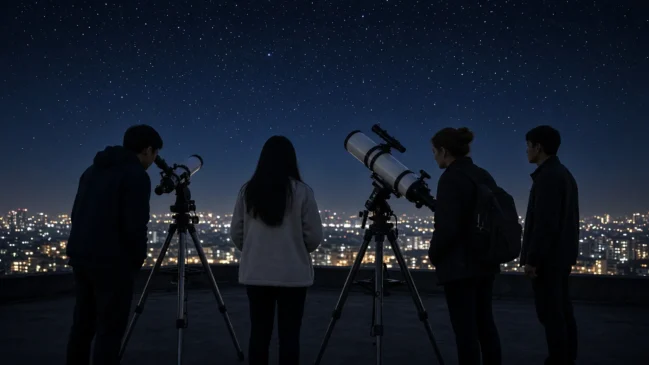 Estudantes de várias nacionalidades com telescópios sob o céu noturno durante a olimpíada de astronomia em Hanói