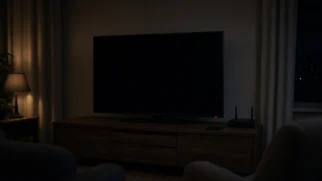 Televisor em modo espera numa sala escura com luz indicadora acesa