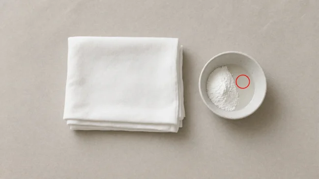 Colchão claro com pano limpo e tigela de mistura caseira para remover manchas