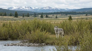 Foto limpa em formato 16:9 com lobo cinzento centralizado em paisagem de Yellowstone, vegetação de salgueiro e curso d’água ao fundo, sem marcações gráficas.
