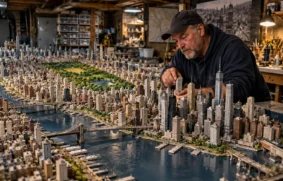 Maquete artesanal densa de Nova York em madeira balsa e espuma sob luz de museu