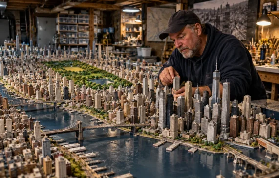 Maquete artesanal densa de Nova York em madeira balsa e espuma sob luz de museu