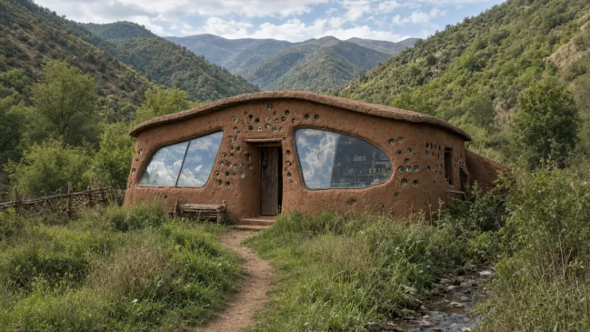 Casa de terra com para-brisas reciclados como janelas em paisagem de montanha