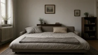 Imagem horizontal 16:9 de sala modesta com sofá-cama ao centro, representando o aperto de um apartamento de 58 m² onde um casal dorme na sala para acolher parente despejada.