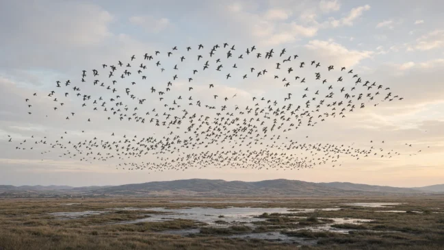 Bando denso de aves migratórias cruzando o céu sobre vale úmido