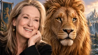 Montagem editorial com Meryl Streep ao lado de um leão representando Aslan na nova adaptação de Nárnia