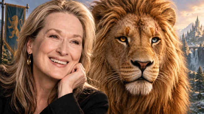 Montagem editorial com Meryl Streep ao lado de um leão representando Aslan na nova adaptação de Nárnia