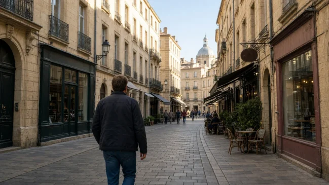 Centro histórico de Montpellier, no sul da França, com comércio de rua e pedestres