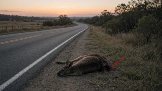 Rodovia rural ao entardecer com canguru ferido à margem da pista na Austrália