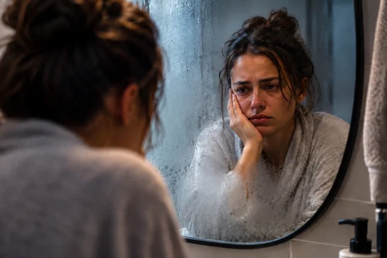 Mulher observa o próprio reflexo com expressão triste diante de um espelho embaçado no banheiro, em momento de introspecção e cansaço emocional.