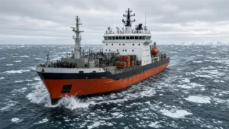 Navio de transporte logístico com casco polar em águas com gelo à deriva