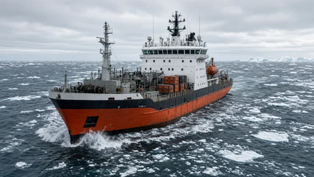 Navio de transporte logístico com casco polar em águas com gelo à deriva
