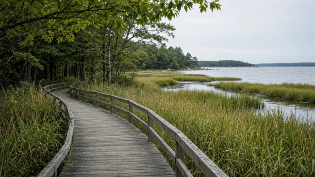 Vista da reserva natural Newman-Poses em Westport, no sudoeste de Connecticut, com mata temperada, zona úmida e faixa de costa no Long Island Sound sob proteção permanente.