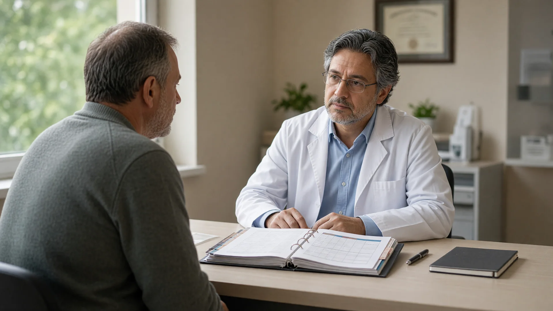 Cena centralizada em 16:9 de consulta médica: paciente adulto frente a frente com o médico, prontuário e agenda sobre a mesa, luz de janela suave, clima sóbrio e limpo, sem marcações gráficas.